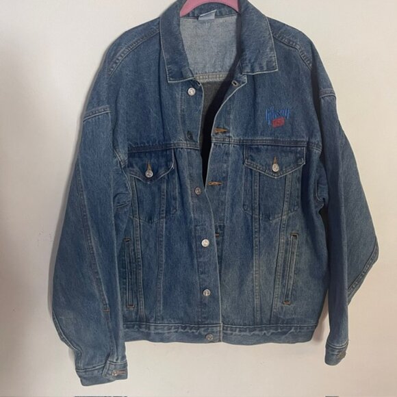 VTG 90s Gibson Guitar Men's Large Embroidered Blue Trucker Denim Jacket USA - Picture 2 of 16